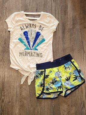 Always Be Mermaids Flip Sequins Top & Matching Tropical Shorts Size 7/8